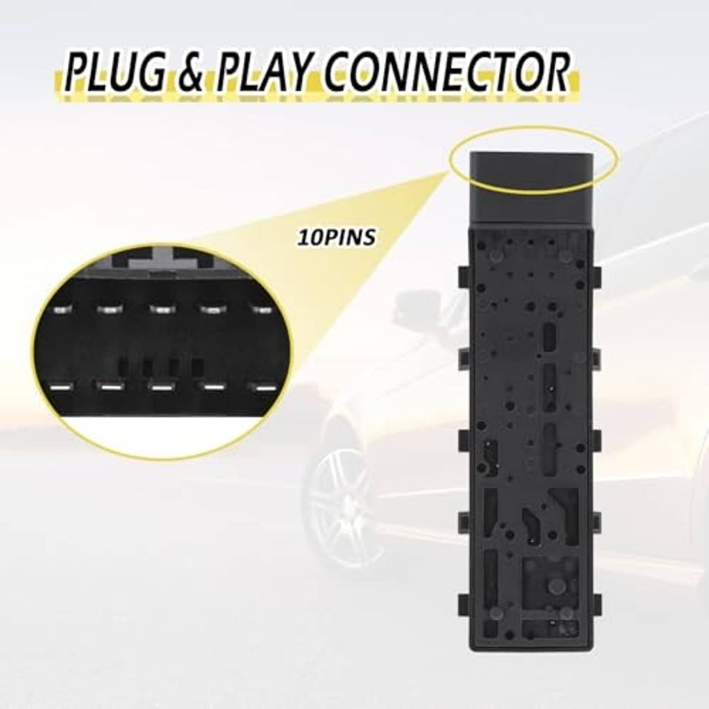 Black seat switch module with 10-pin connector, close-up of wiring socket end
