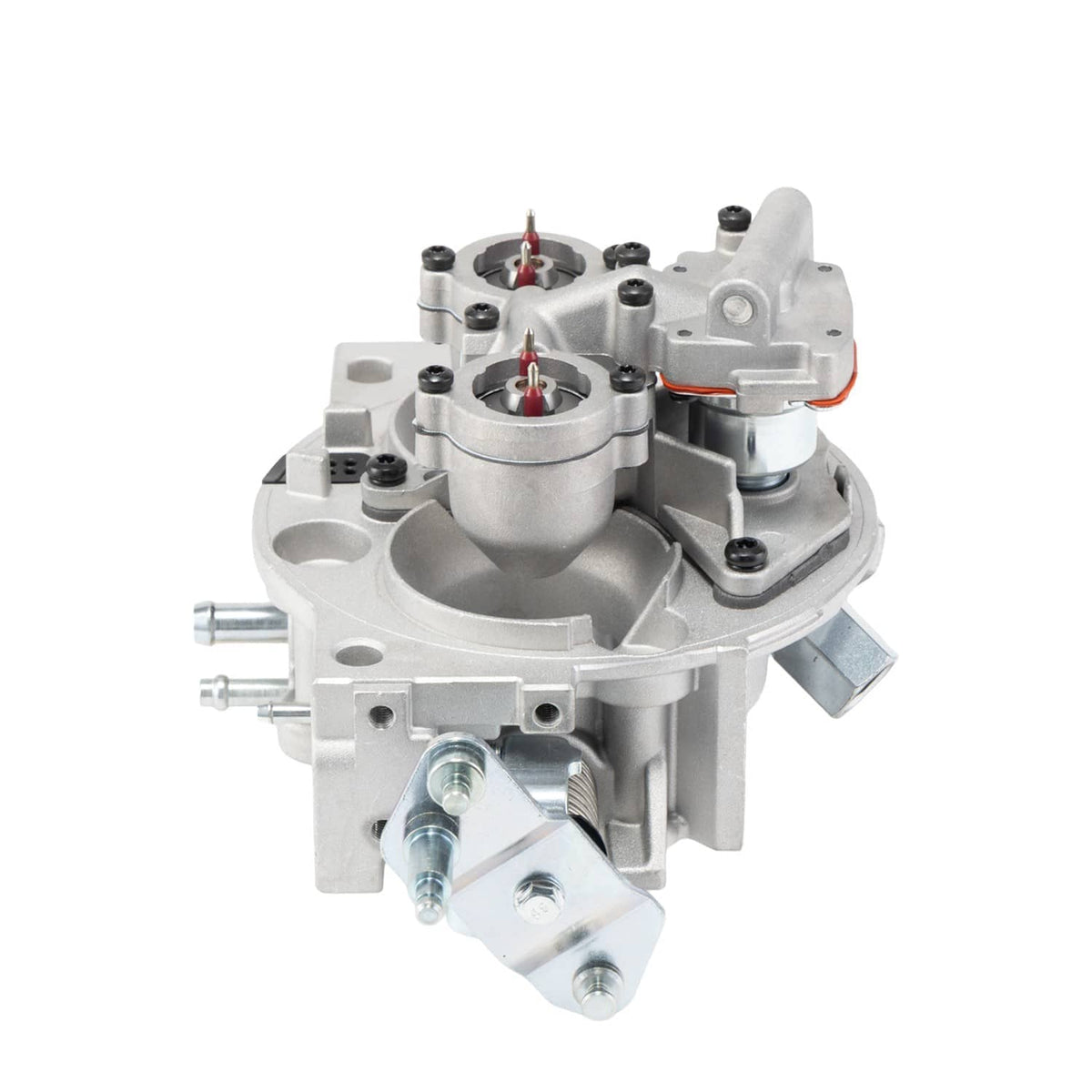 Throttle body assembly side view with vacuum port, linkage rod, and multi-pin connector