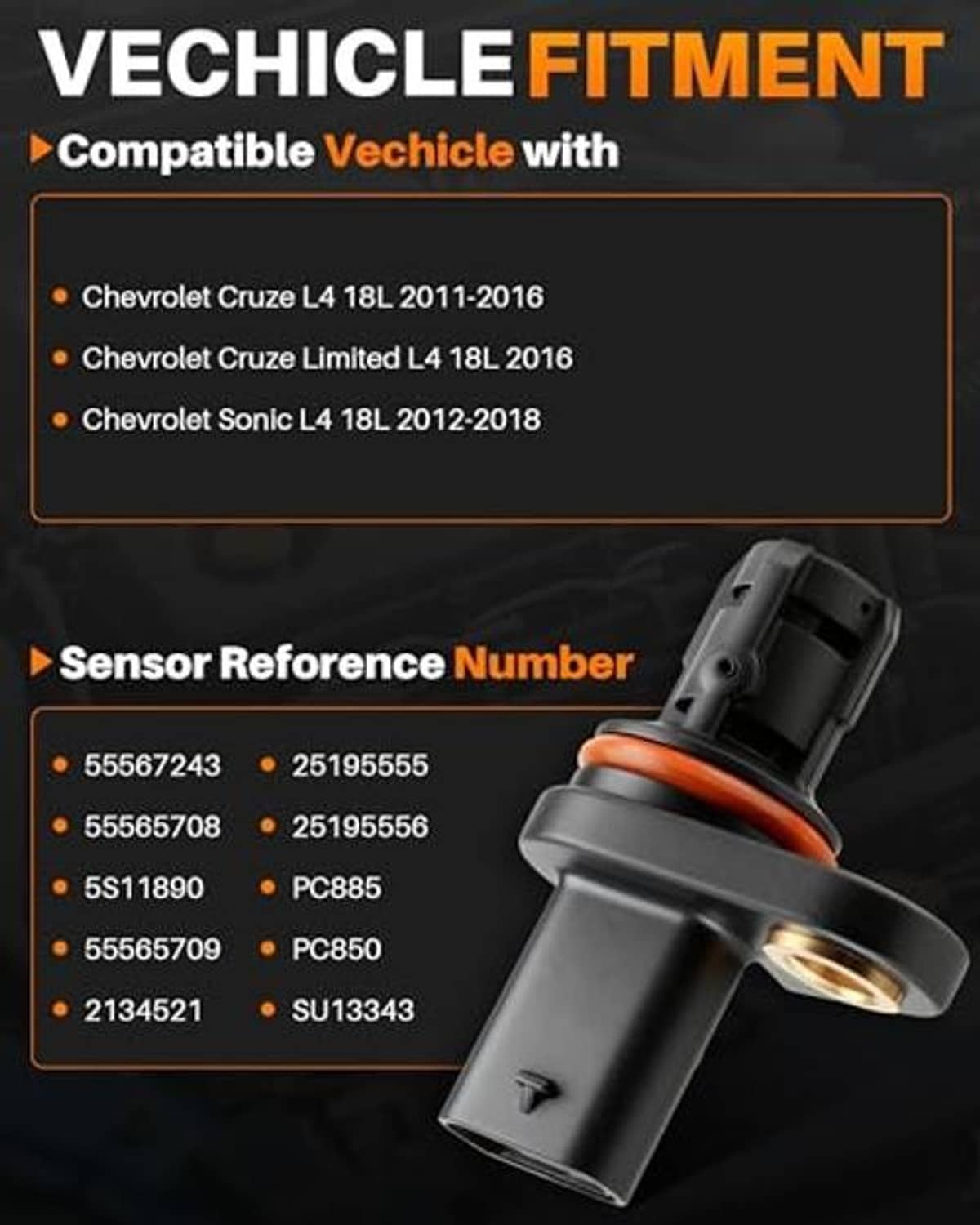 Camshaft crankshaft position sensor with gray body, orange ring seal, gold mounting terminal