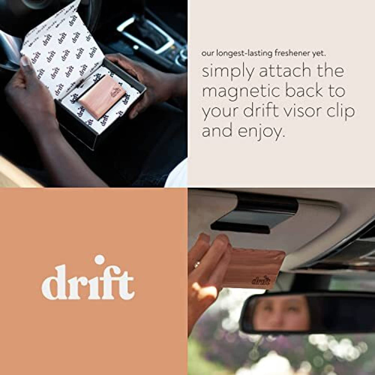 drift wood car air freshener card being attached to a visor clip in a car