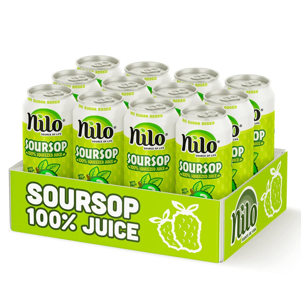 NILO soursop juice can multipack in green carton, multiple cans (12-pack view)