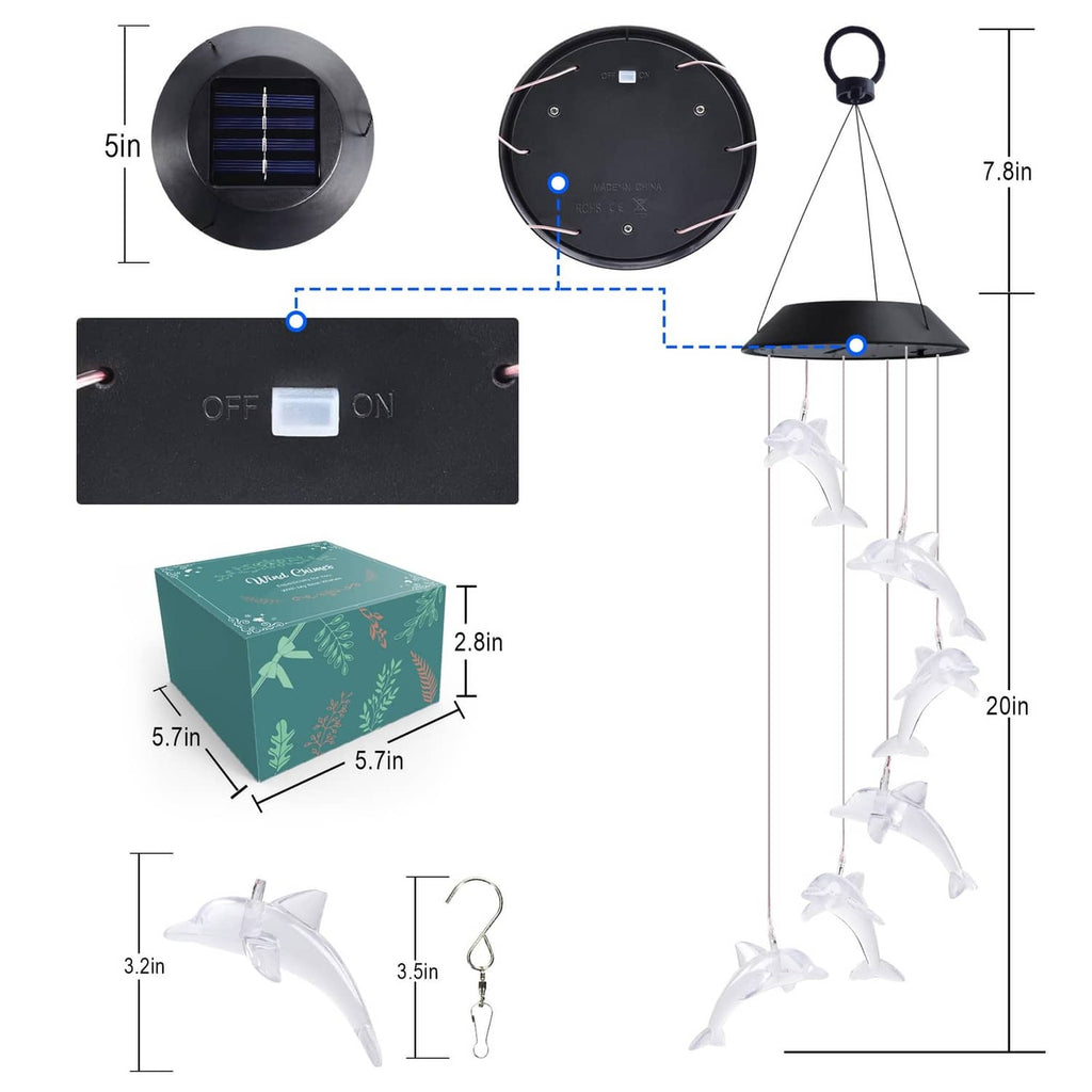 Solar panel wind spinner set with switch and hanging dolphin decorations diagram