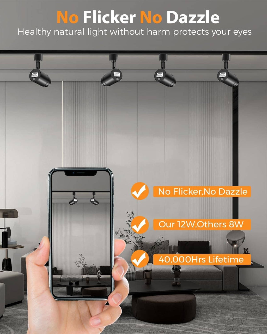 Black LED track lighting heads with smartphone preview of flicker-free lighting