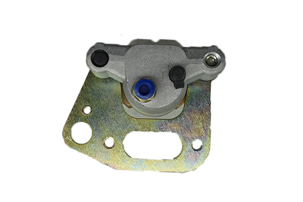 Front brake caliper with mounting bracket, blue piston seal, metal body with holes