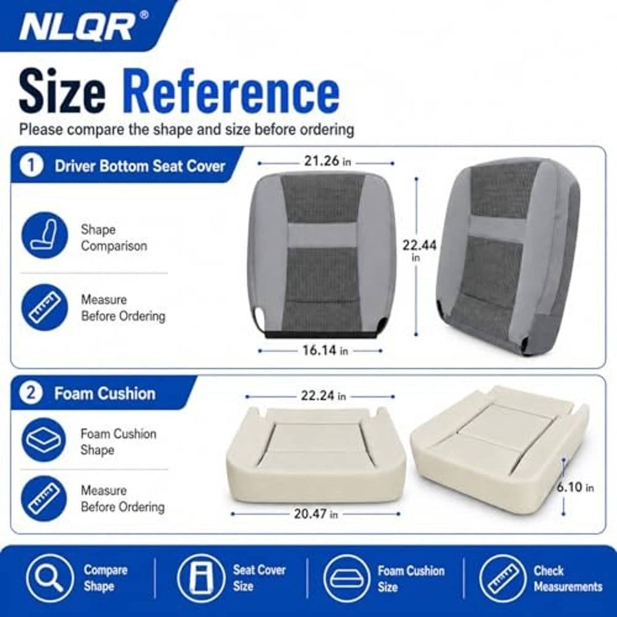 Gray cloth driver-side seat bottom cover and matching foam cushion, flat base