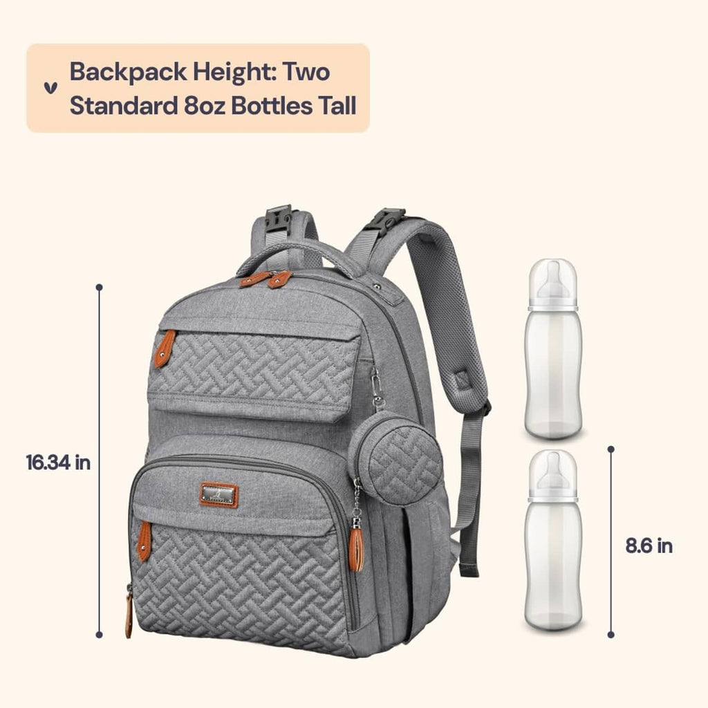 Light gray diaper bag backpack with round front pocket and two side bottle pockets