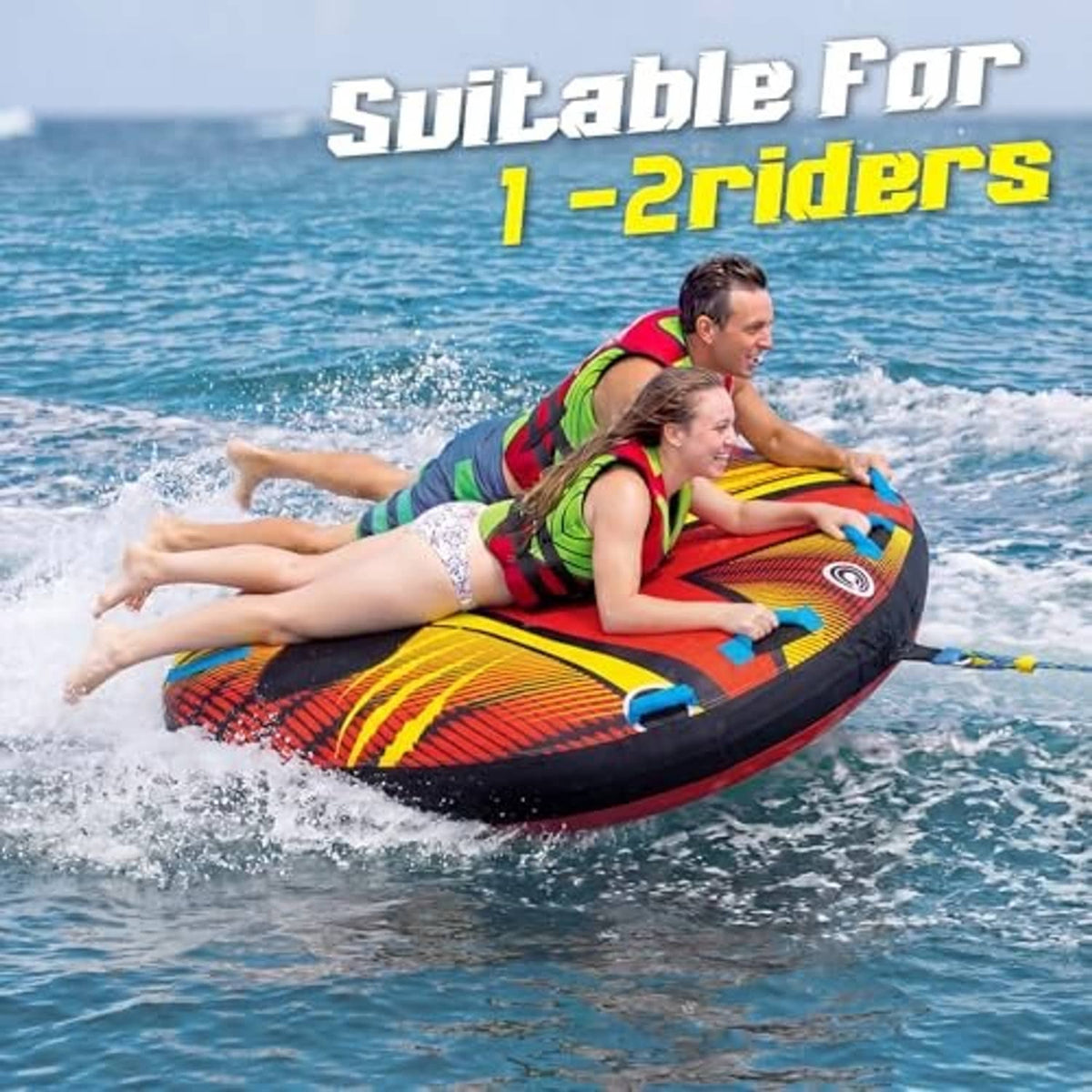 Red, yellow, and blue towable tube top with white replacement inner bladder
