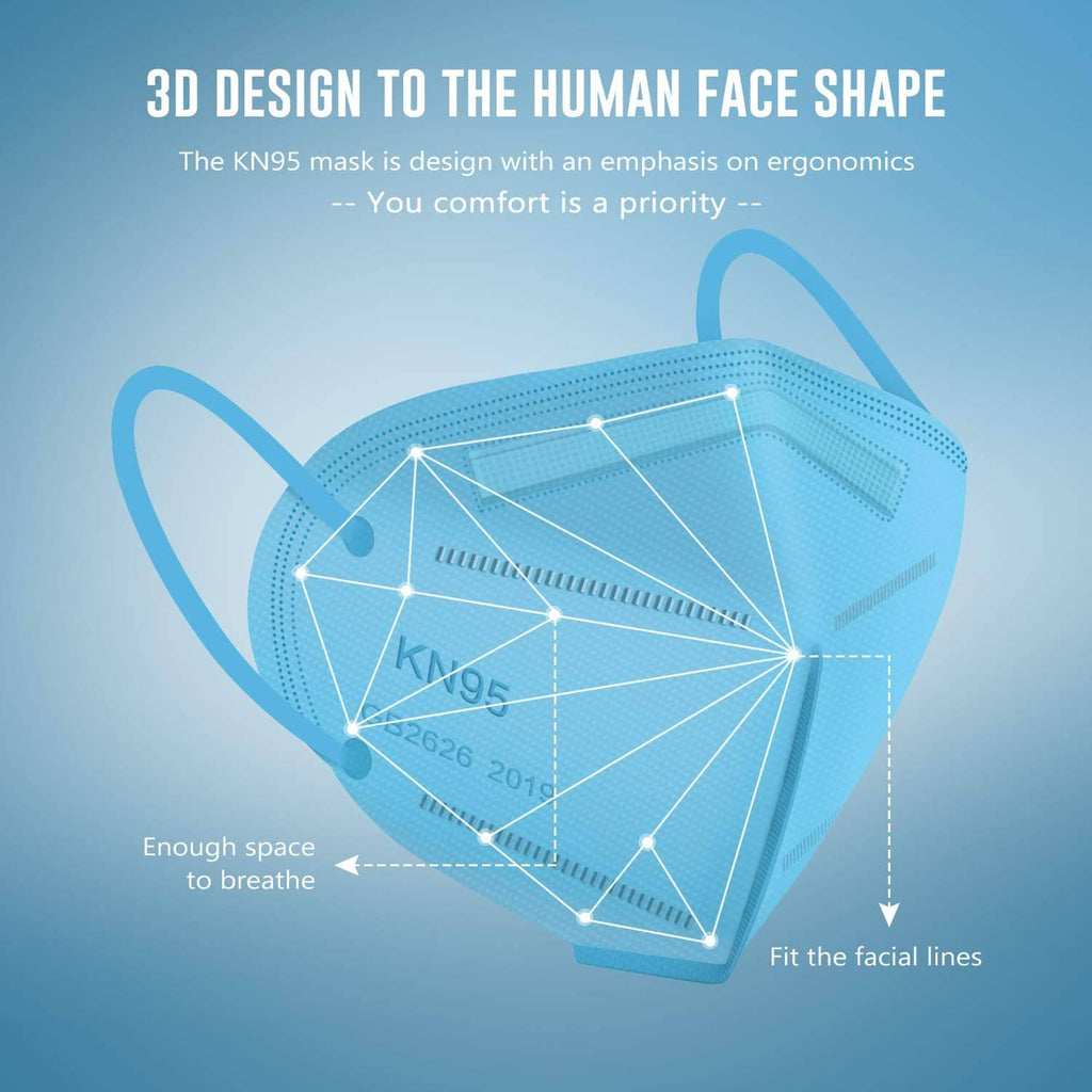 Light blue KN95 face mask with pleated filter and adjustable ear loop straps