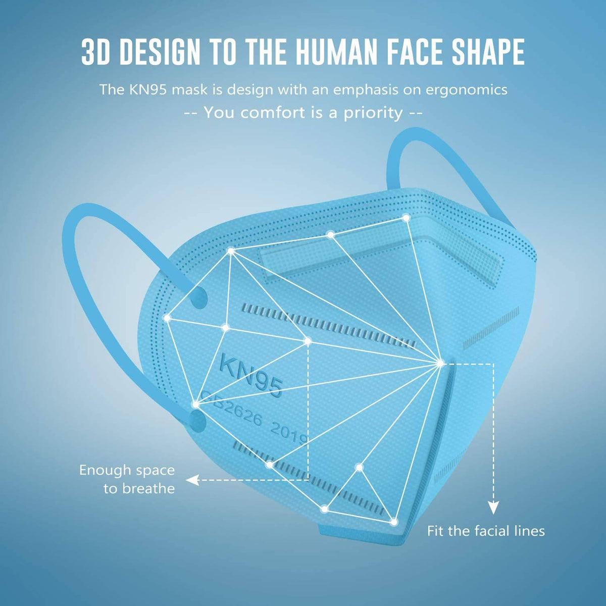Light blue KN95 face mask with pleated filter and adjustable ear loop straps