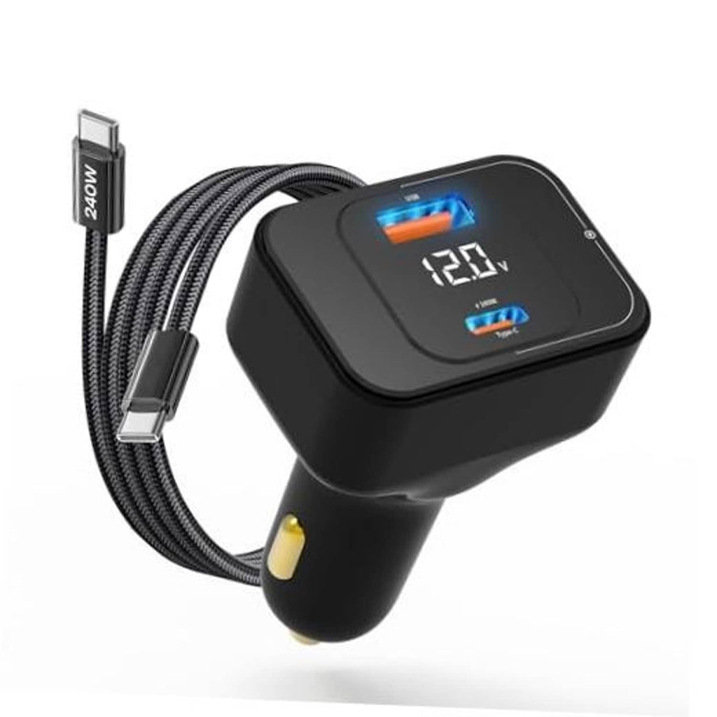 Black dual-port USB-C car charger with braided cable and LED voltage display