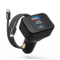 Black dual-port USB-C car charger with braided cable and LED voltage display