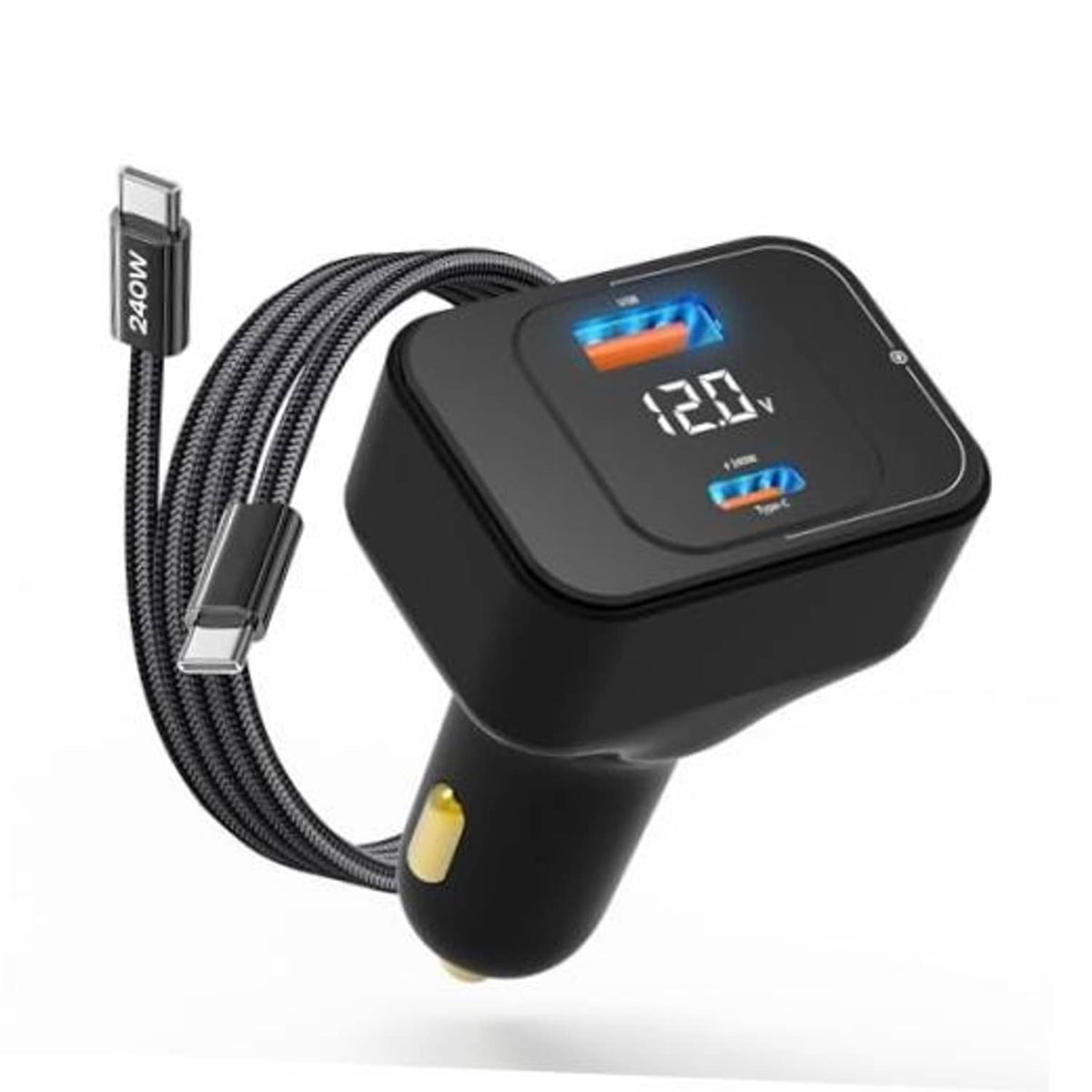 Black dual-port USB-C car charger with braided cable and LED voltage display