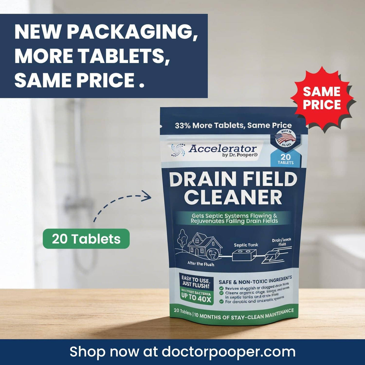 Drain Field Cleaner 20-tablet package with New packaging and Same Price badge