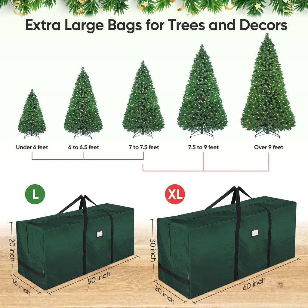 Green extra large tree storage bag with black handles and front zipper panel