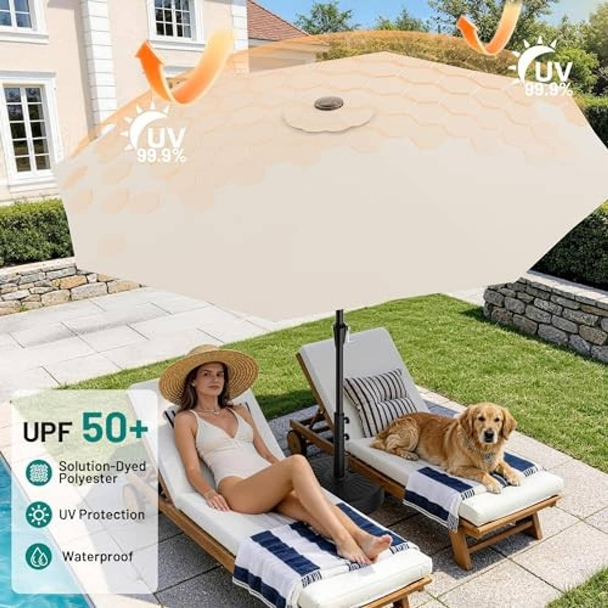 Cream-white patio umbrella with black stand and open canopy over outdoor area