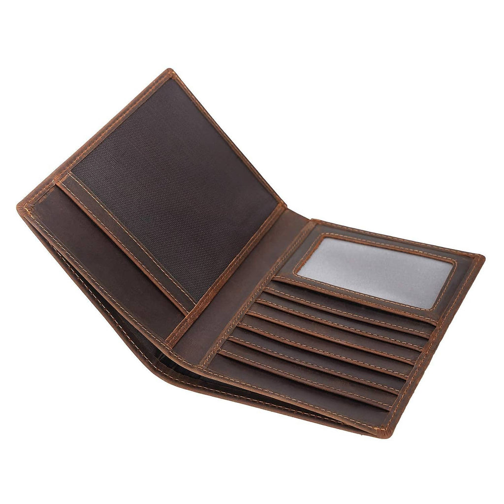 Brown leather bi-fold passport wallet open, multiple card slots and inner pocket