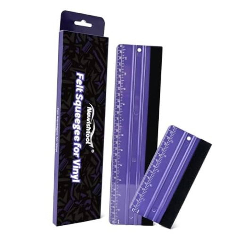 Felt squeegee set with two purple measuring rulers, shown in retail package