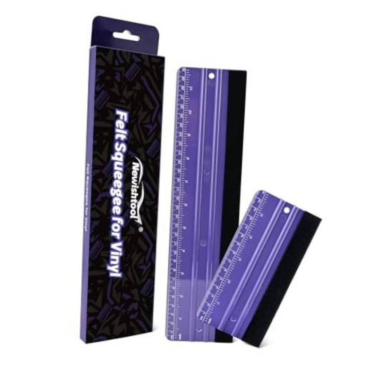 Felt squeegee set with two purple measuring rulers, shown in retail package