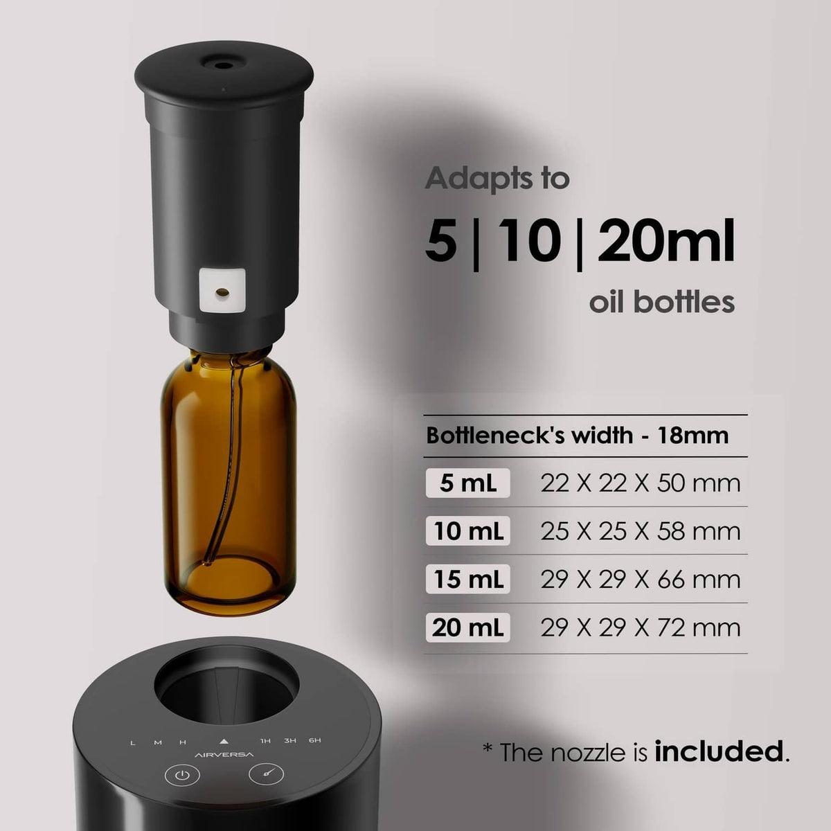 Black waterless diffuser with bottle adapter nozzle for 5 to 20 ml oil bottles