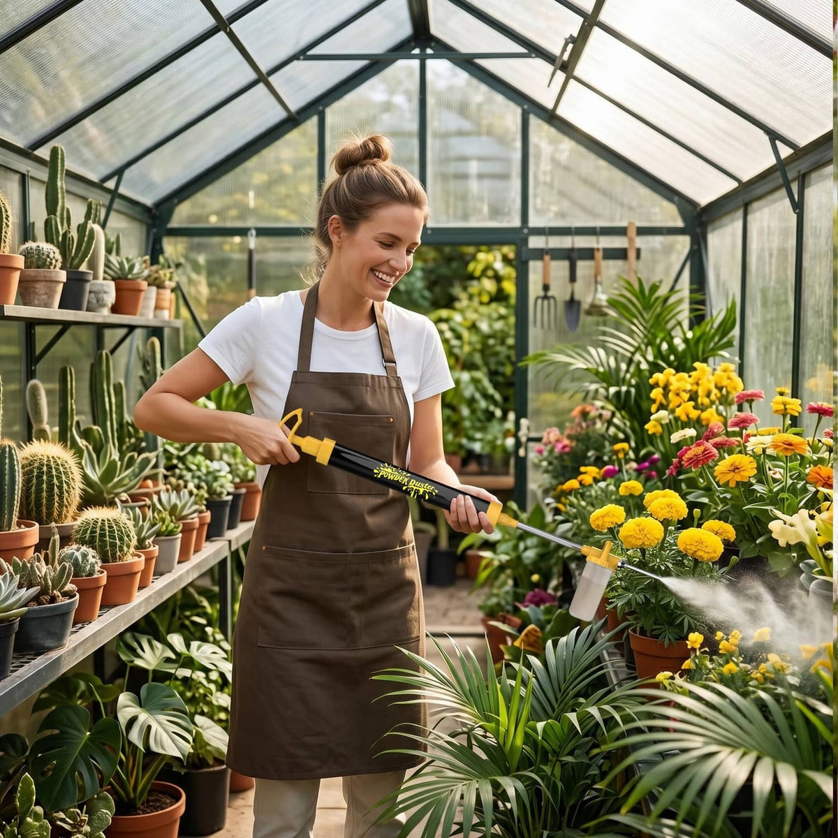 Garden greenhouse powder sprayer with yellow handle and clear bottle releasing white mist