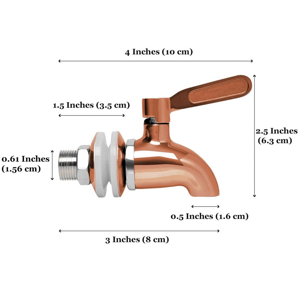 Copper and chrome beverage dispenser spigot faucet with size measurements