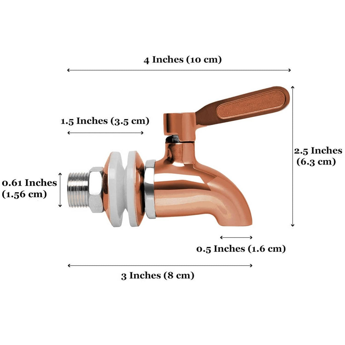 Copper and chrome beverage dispenser spigot faucet with size measurements