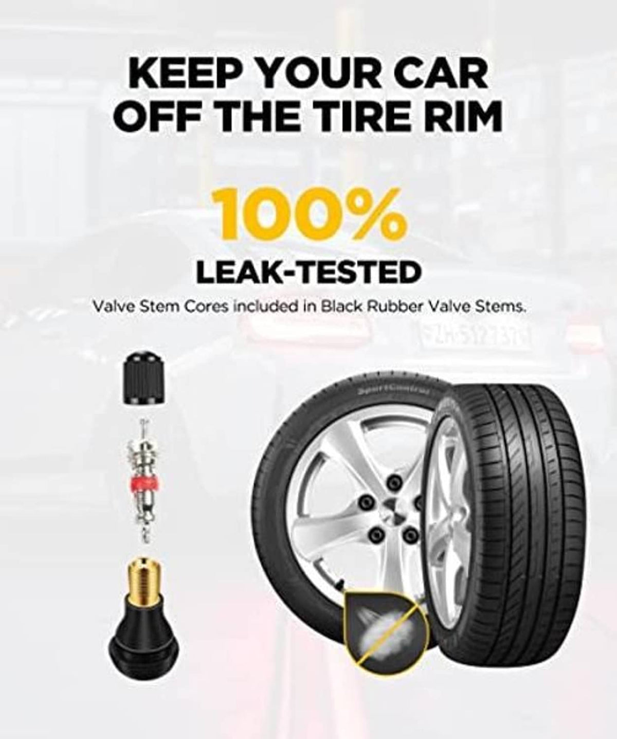 Black rubber valve stem cores with valve tool for installing on a tire rim