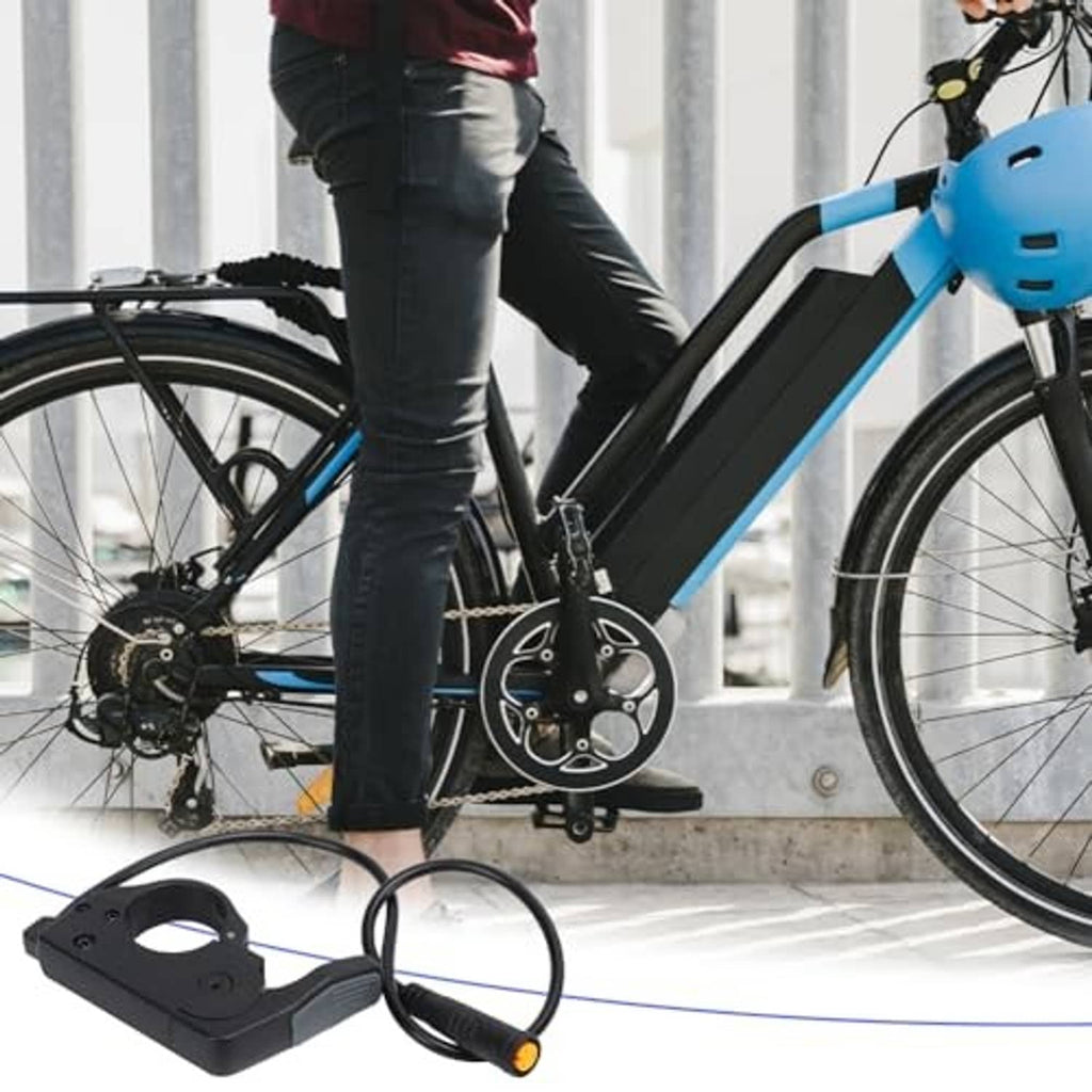 Electric bike thumb throttle quick-release unit with black cable and orange indicator