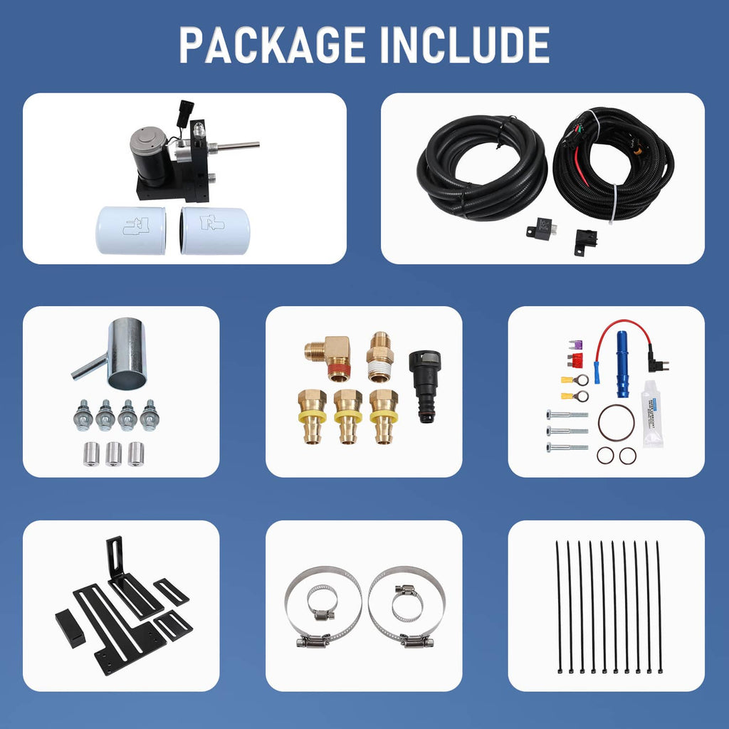 Diesel fuel lift pump system package contents with pump, hoses, fittings, and hardware