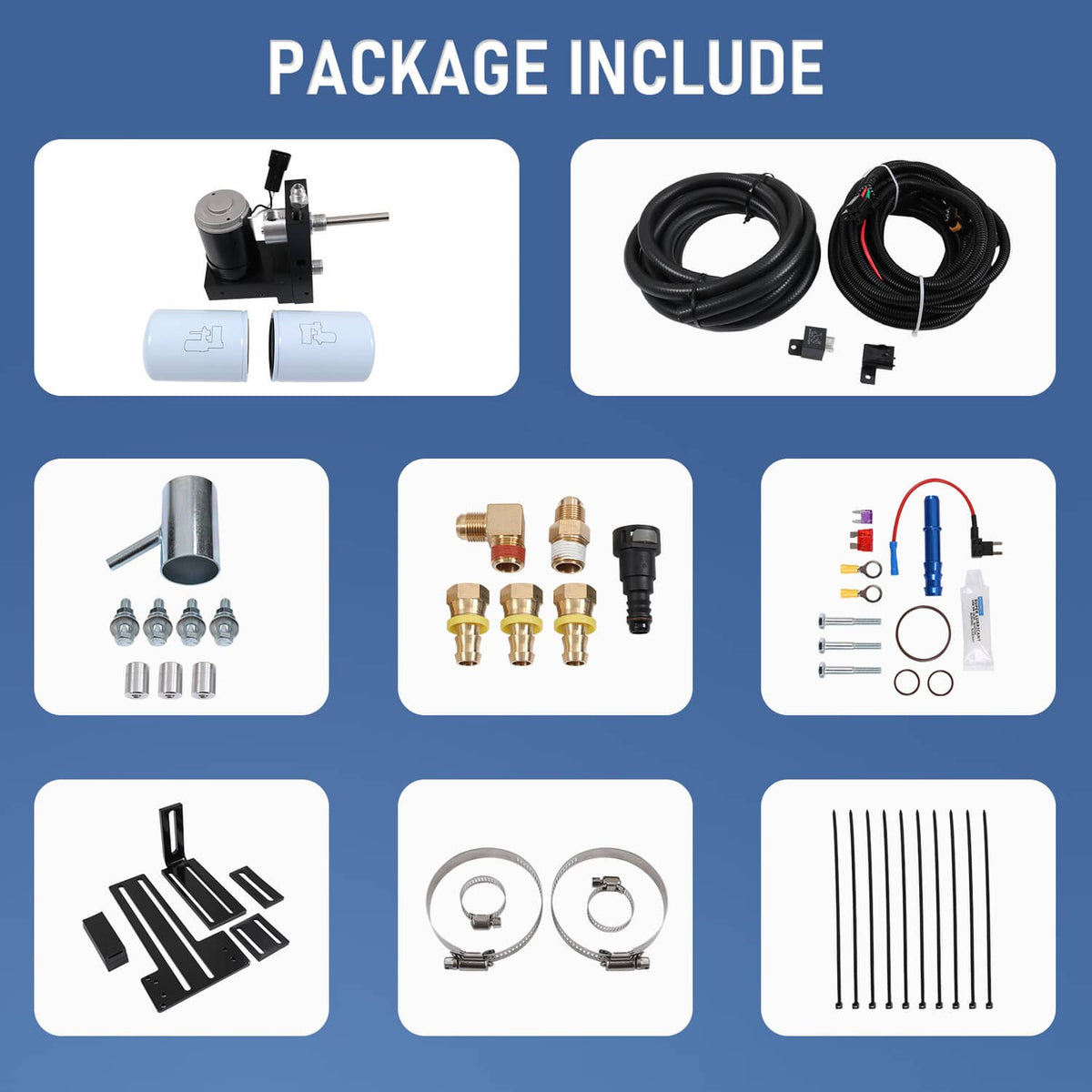 Diesel fuel lift pump system package contents with pump, hoses, fittings, and hardware