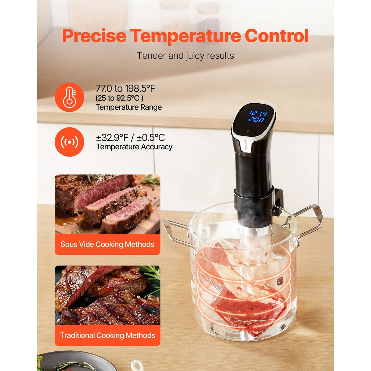 Sous vide precision cooker with LED display for temperature and time, clamp pot mounting