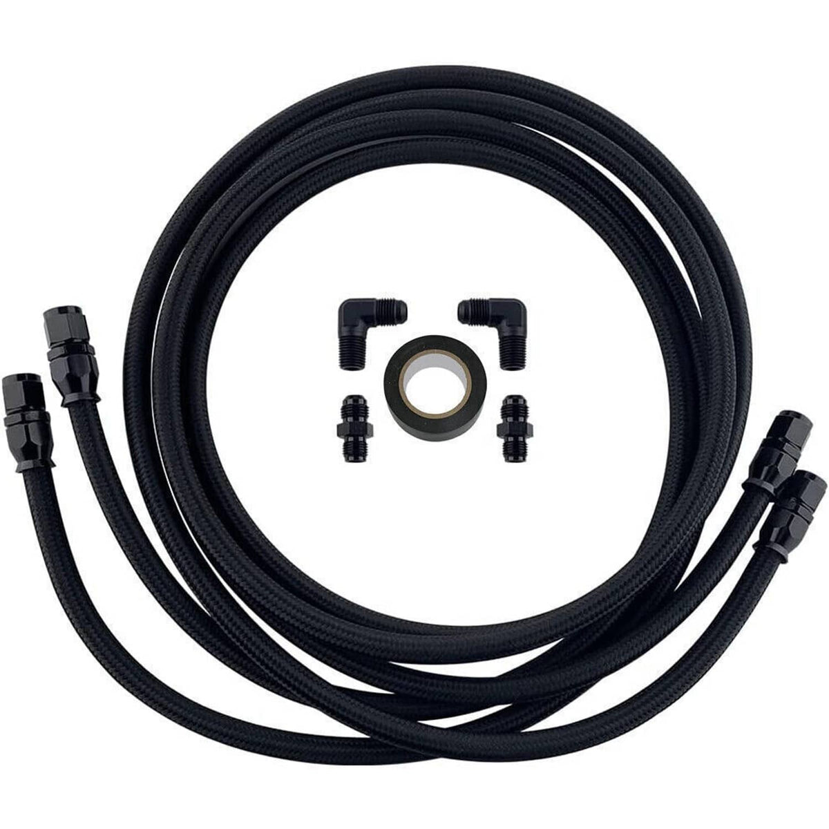 Automatic transmission cooler hose line kit with black braided hoses, AN fittings, and seal ring