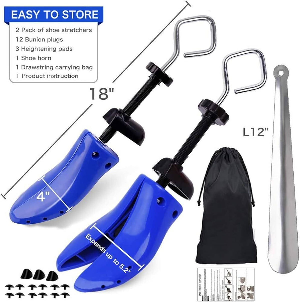Pair of blue shoe stretchers with black screws, metal handles, and black drawstring bag