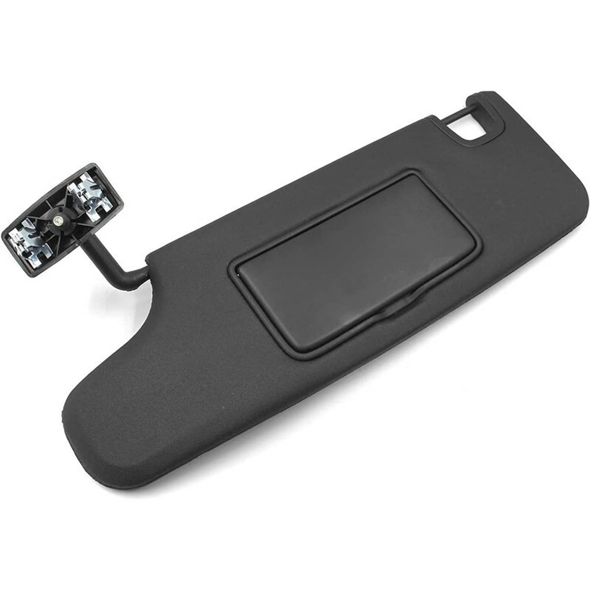 Black driver-side sun visor with rectangular mirror window and mounting point