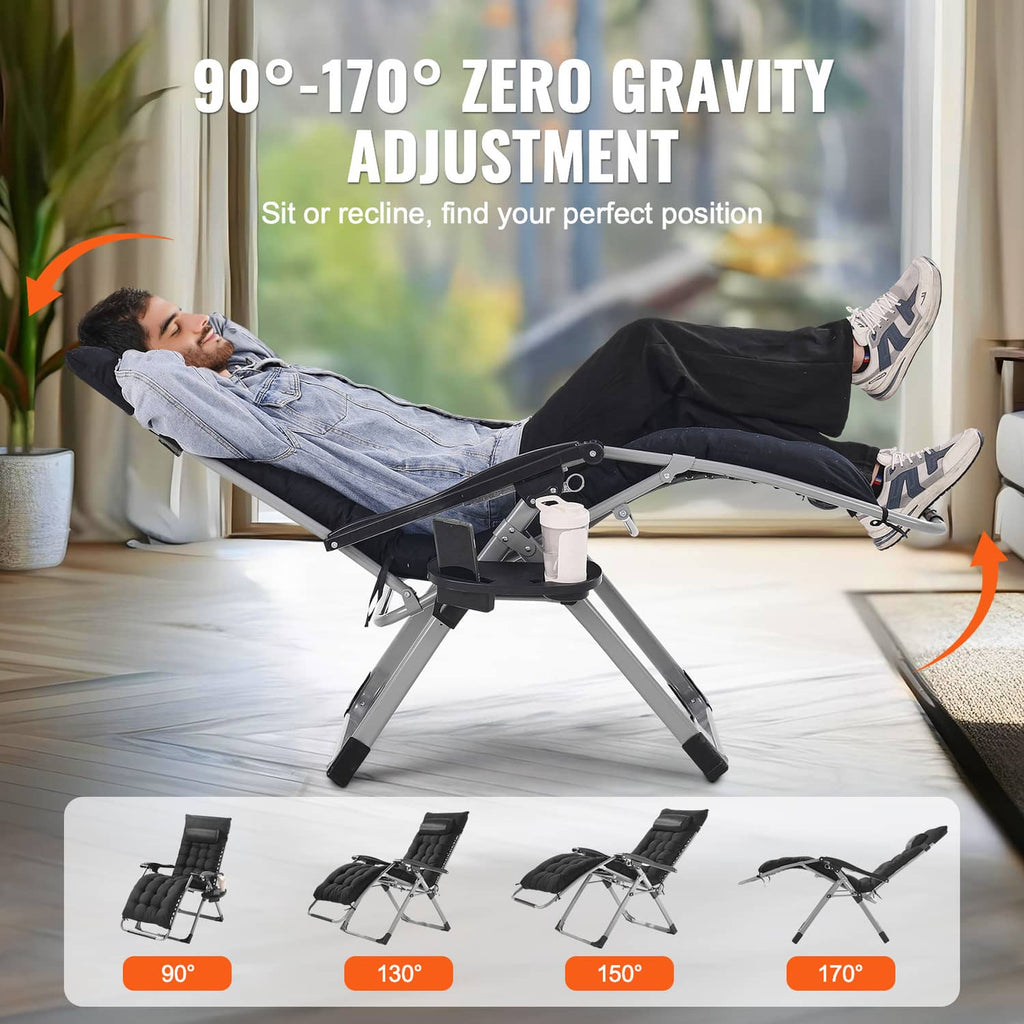 Black zero-gravity recliner chair reclining with adjustable base and headrest