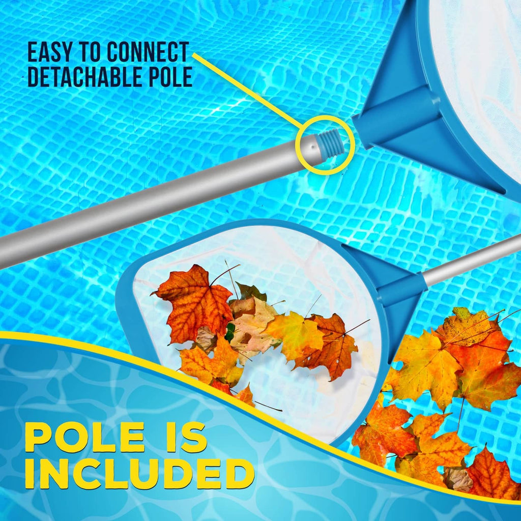 Pool skimmer net with detachable pole connector, holding orange leaves in white bag.