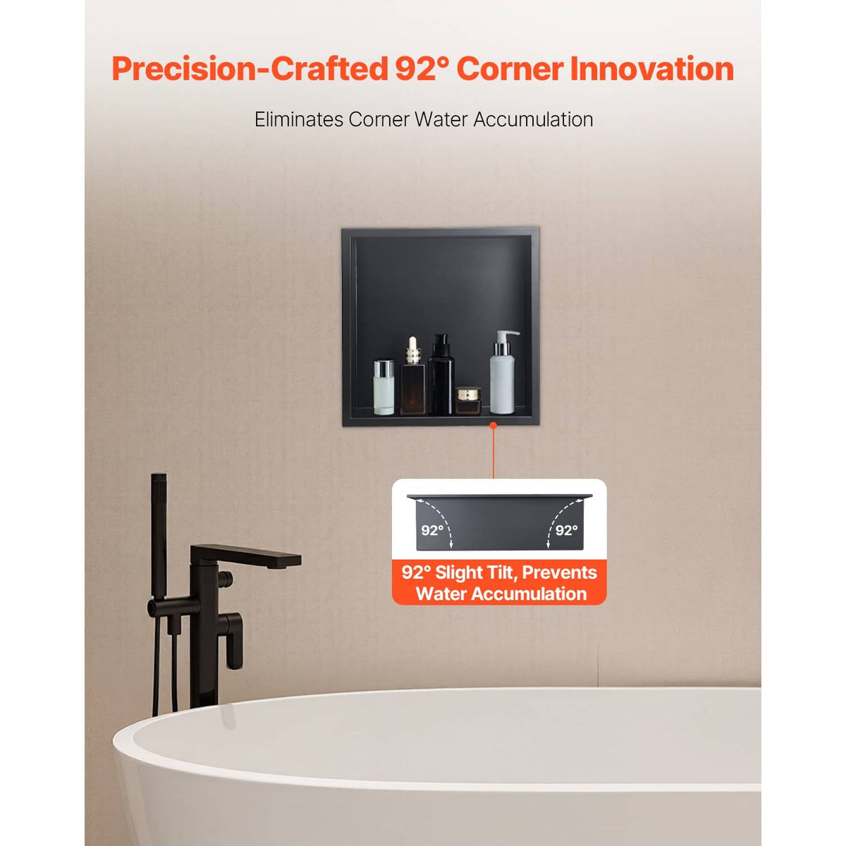 Black corner recessed shower shelf niche with rounded interior edge, holds toiletries