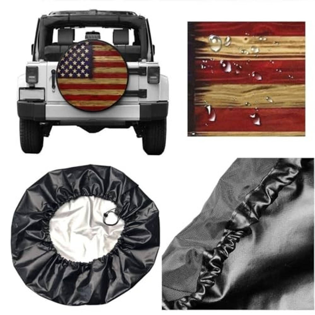 Universal round American flag tire cover with black border; included fabric cover pieces shown