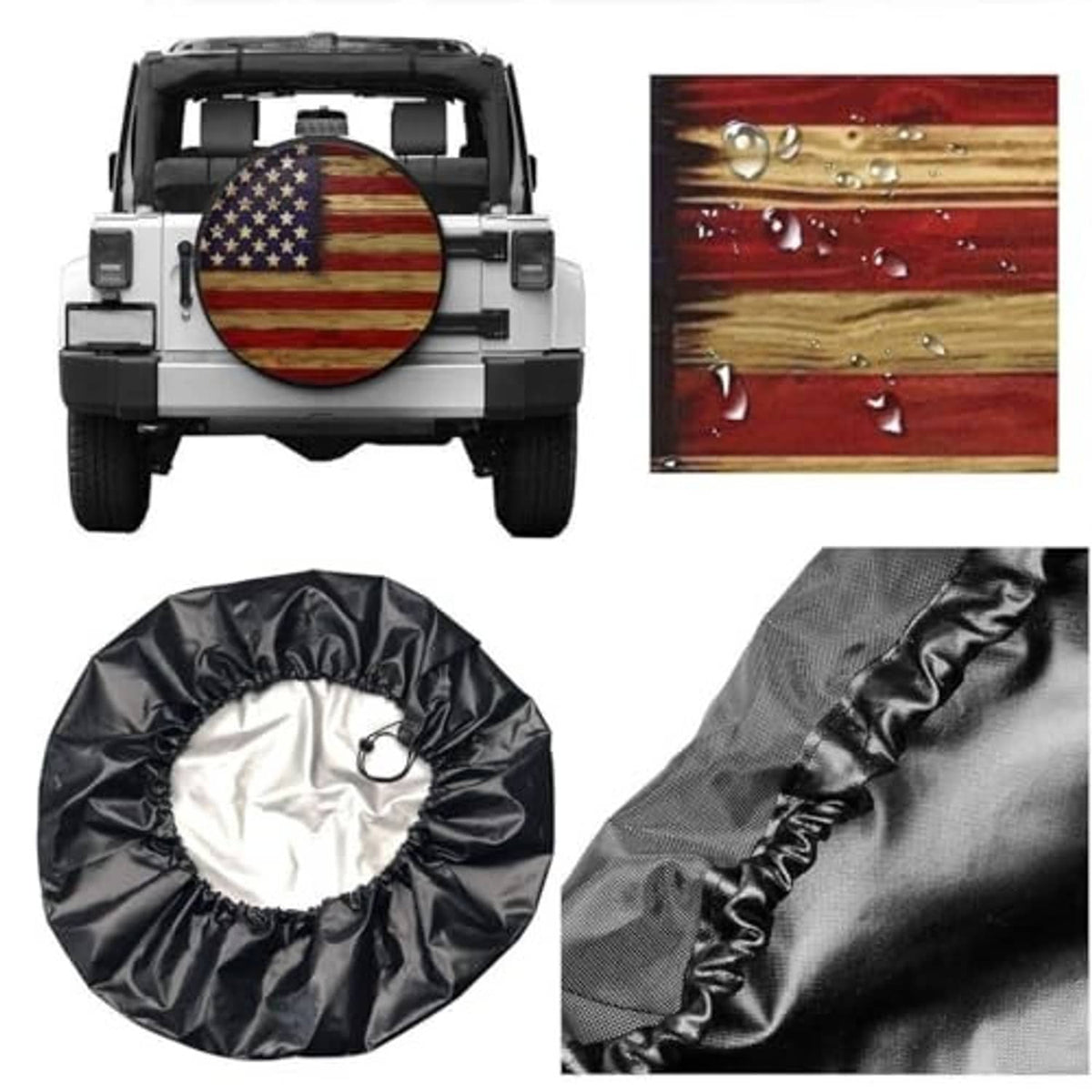 Universal round American flag tire cover with black border; included fabric cover pieces shown