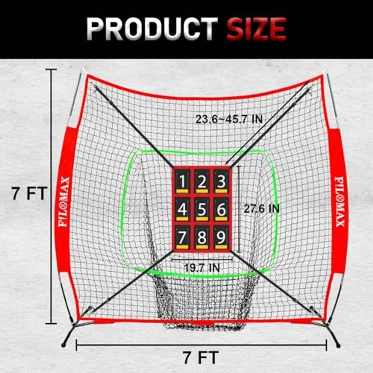 Red and white 7 ft baseball practice net with green target outline and numbered strike zone