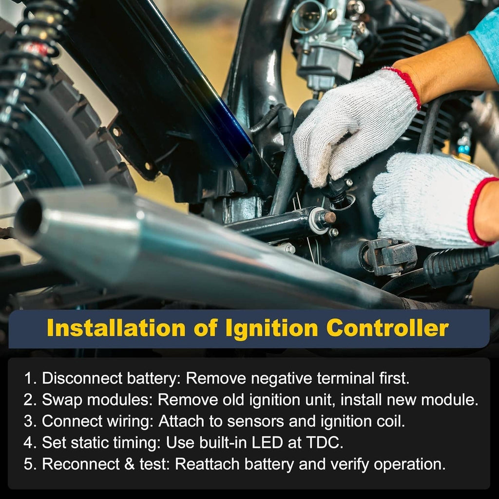 Electronic ignition module installation on motorcycle engine; gloved hands connect wiring