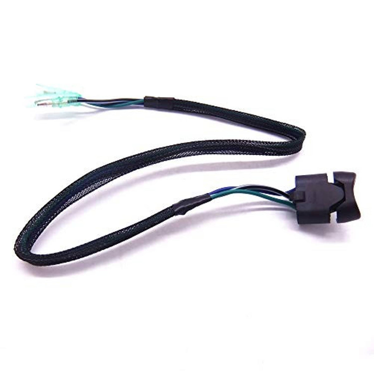 Boat power trim tilt switch with black housing, two green terminals, and cable leads