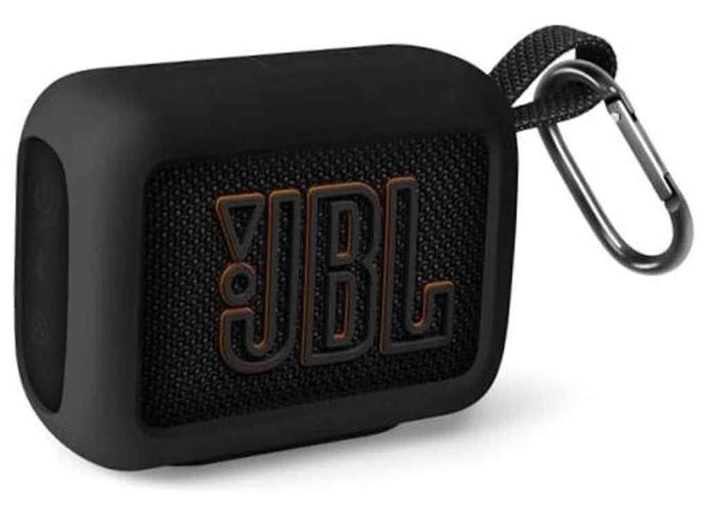 Black silicone speaker case cover with raised JBL logo and wrist strap clip