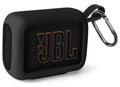 Black silicone speaker case cover with raised JBL logo and wrist strap clip