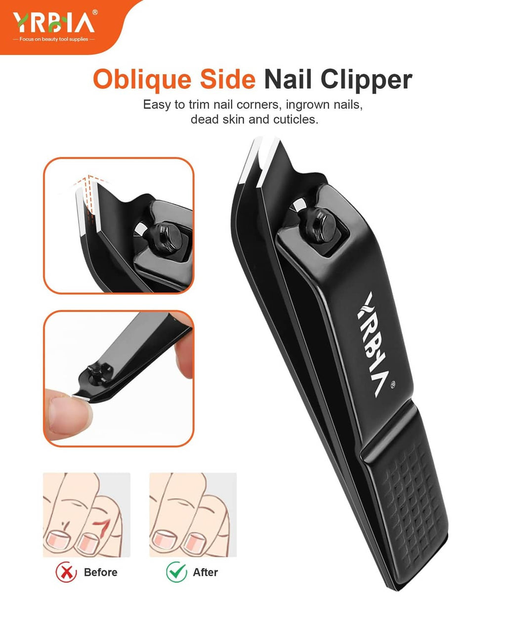 Black nail clipper with textured grip and angled cutting head