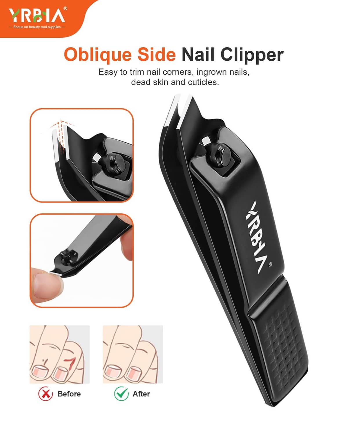 Black nail clipper with textured grip and angled cutting head
