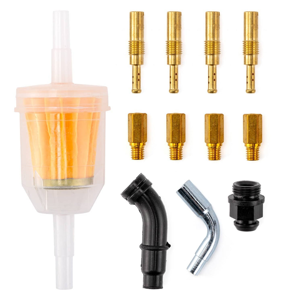 Carburetor parts kit: fuel filter, brass jets, black hoses and metal fittings