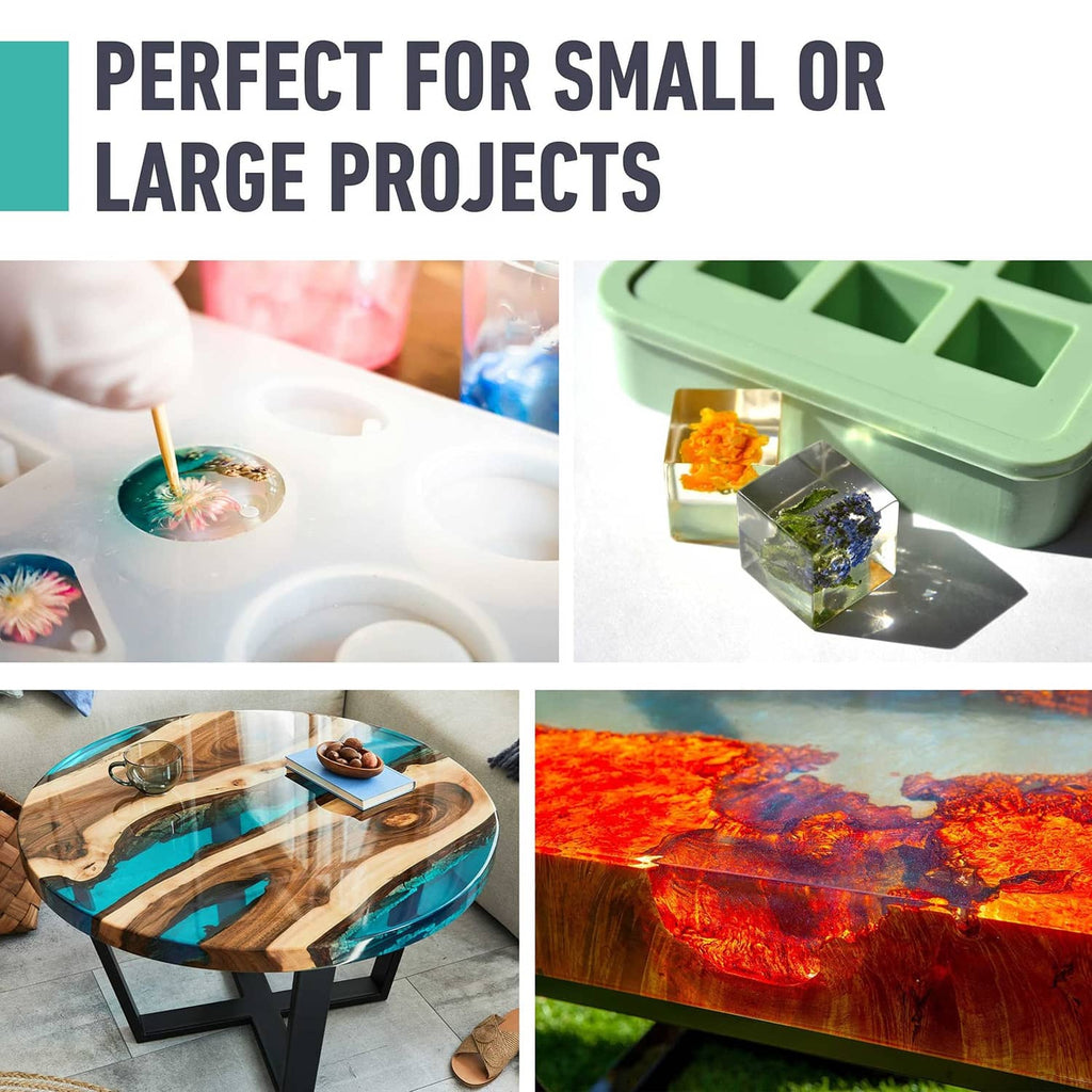 Epoxy resin project results showing glossy tabletop pieces and resin crafts.