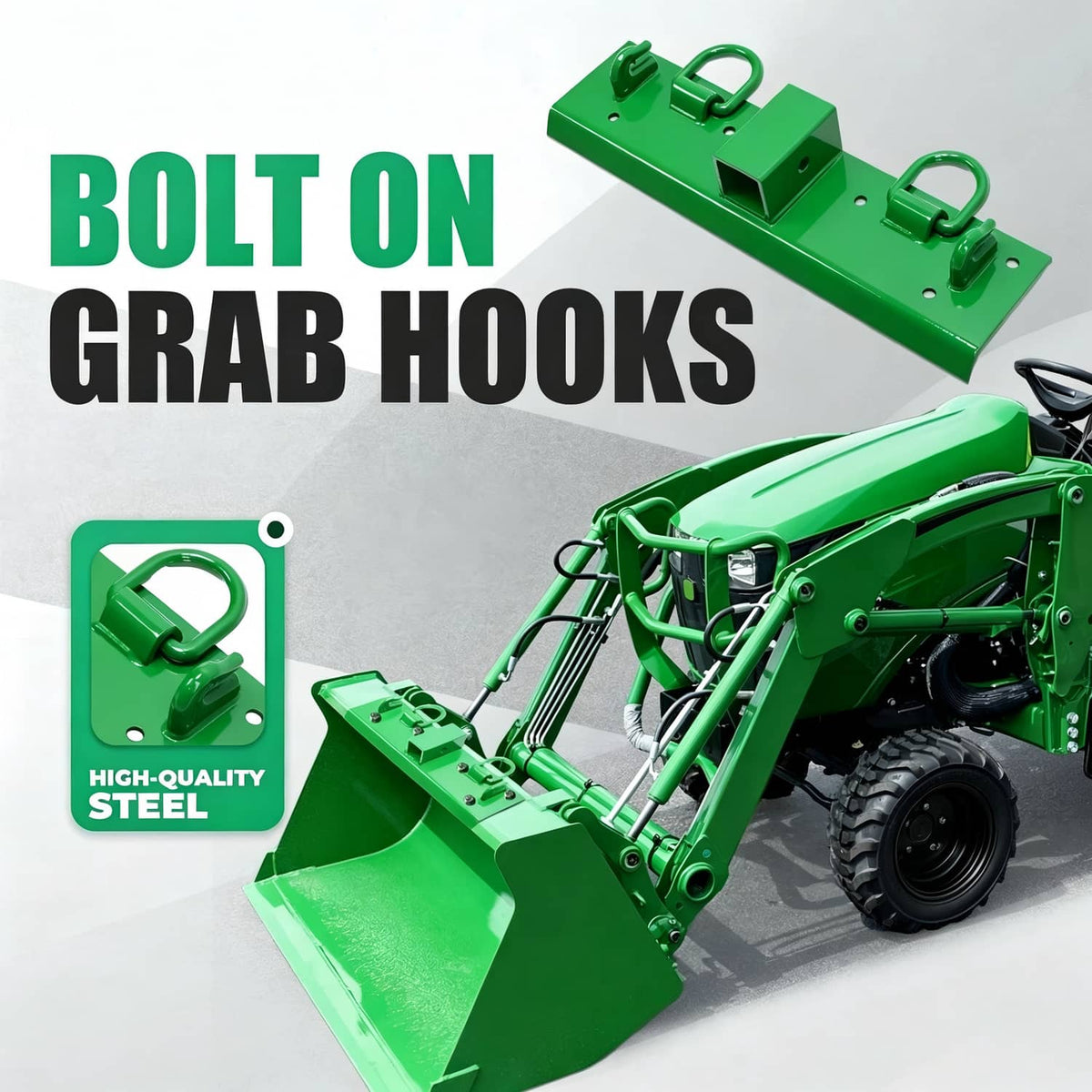 Green steel grab hook set with receiver-style D-rings for hauling and lifting