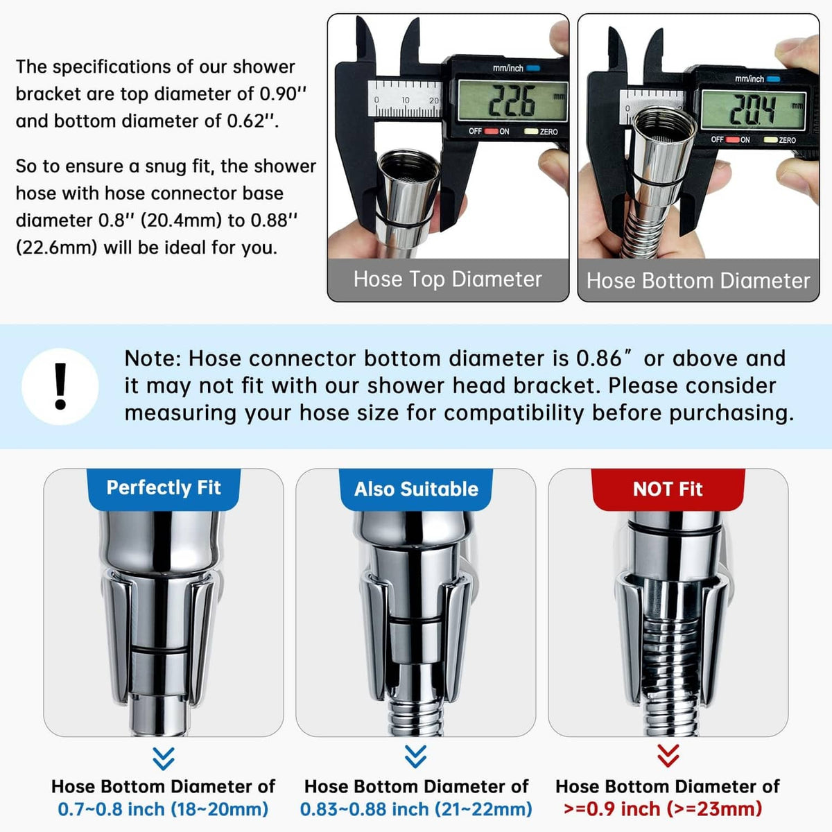 Metal shower head holder connector with size measurement diagram, chrome
